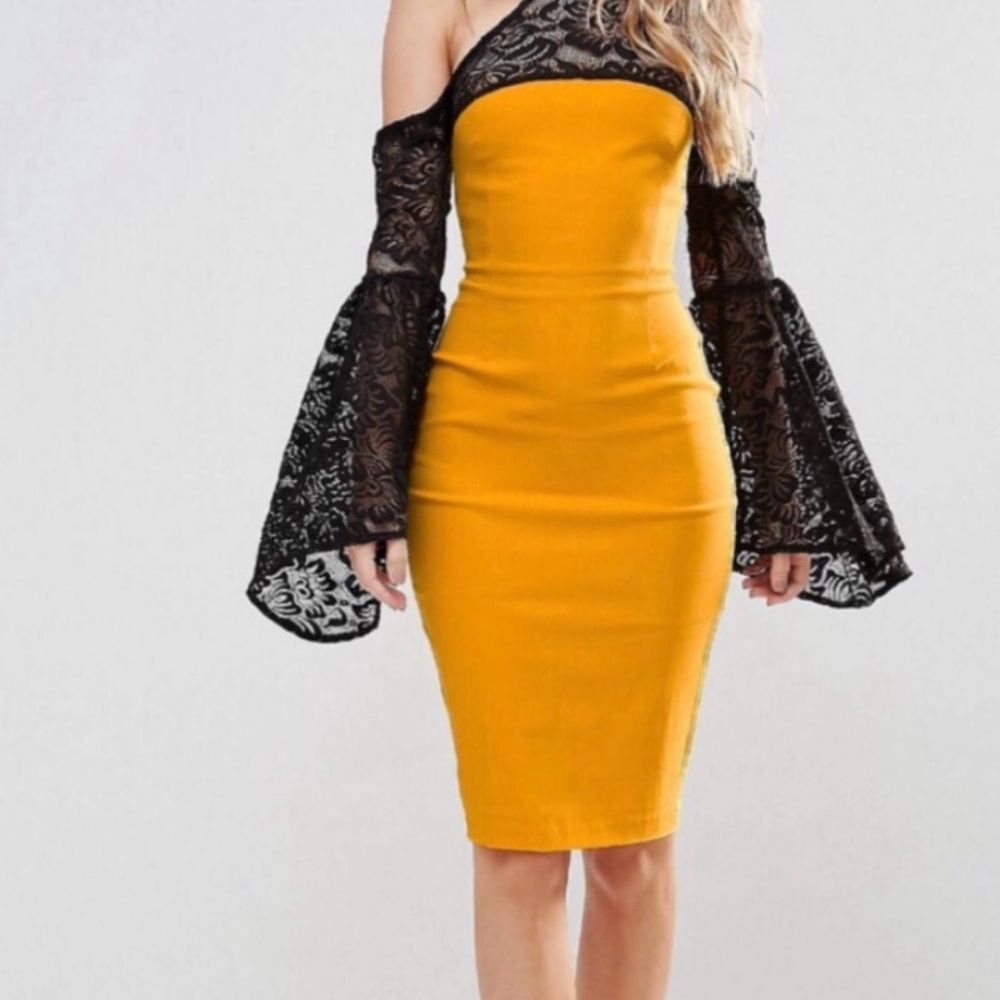 Vesper cold shoulder lace bell sleeve Bodycon Dress High Neck Cutout yellow M